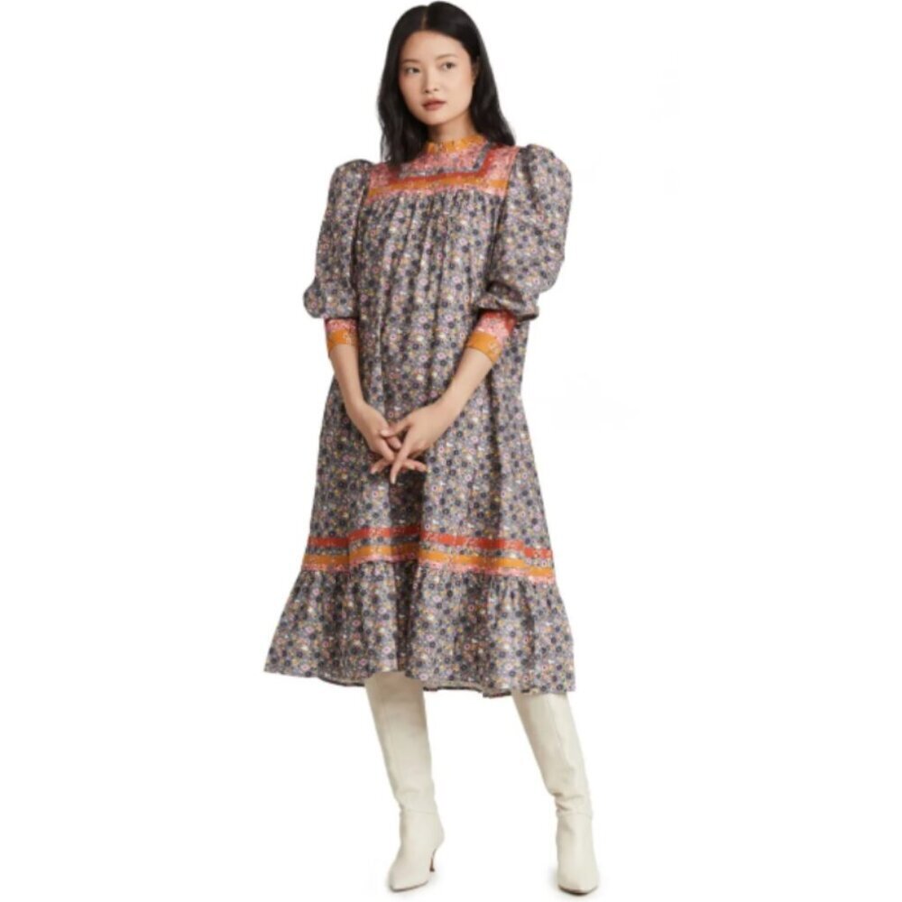 CeliaB Papyrus Floral Puff Sleeve Midi Dress Boho Cottagecore - NWT - XS